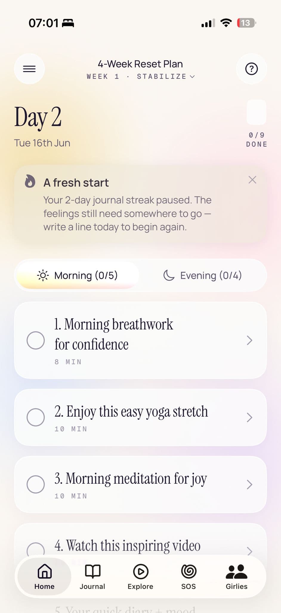 Heartbreak Hotline app — 4-Week Reset Plan home screen